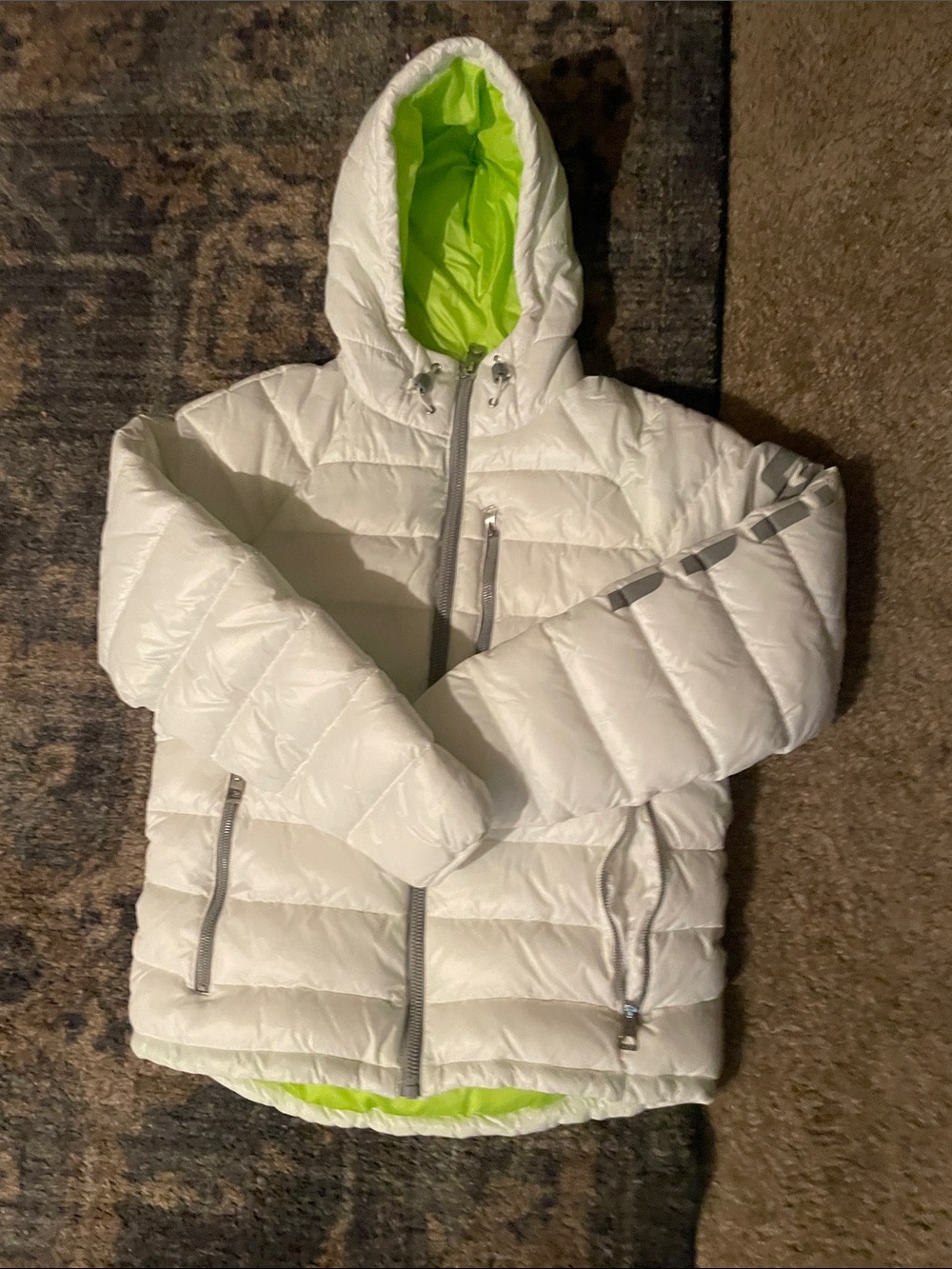Guess White Puffer Jacket with Neon Green Lining